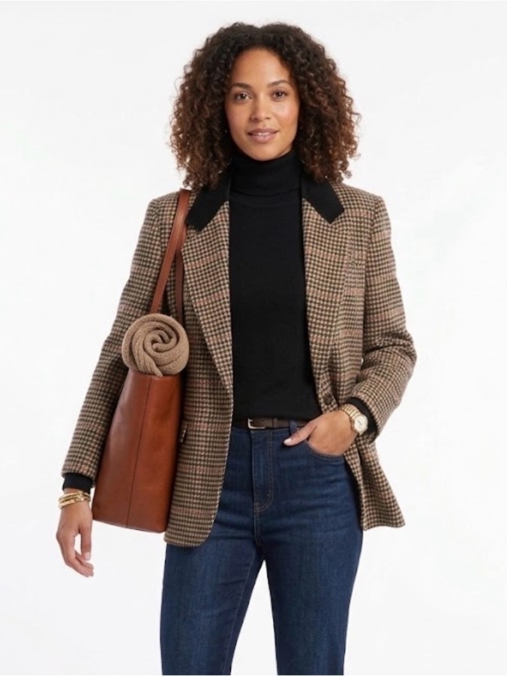 Petite Sophisticate Vintage Houndstooth Blazer Velvet Collar Plaid Jacket 7/8